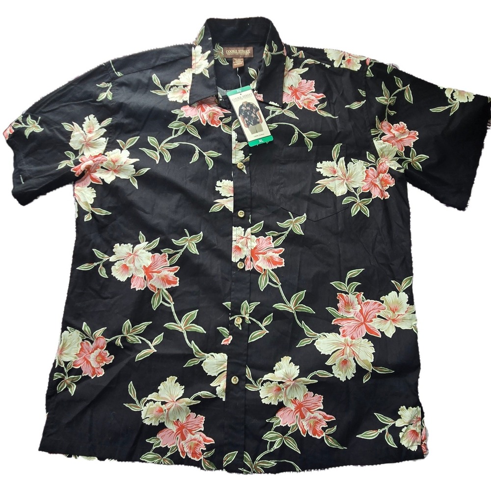 Cooke Street Men XL Hawaiian Shirt Black Floral Hibiscus 100% Cotton NWT Vacay